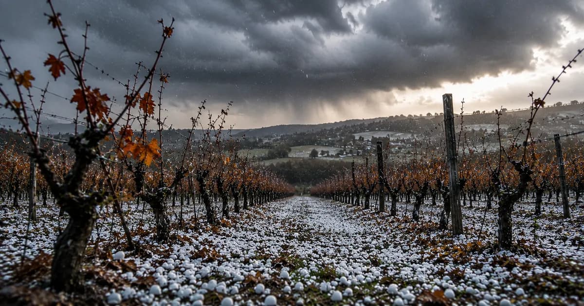 Vignoble sous un ciel orageux illustrant les risques climatiques et la hausse des assurances viticoles en 2026